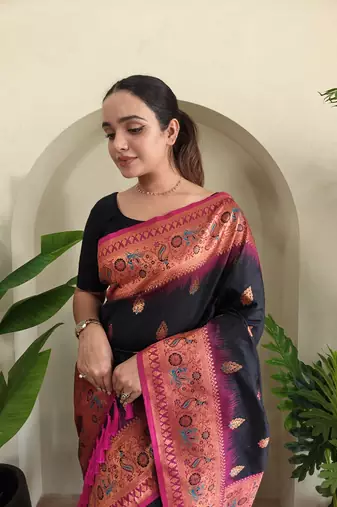 Black Paithani silk blend Meenakari Weaving Saree