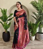 Black Paithani silk blend Meenakari Weaving Saree