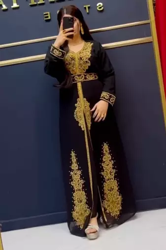 black Crystal Work Moroccan Dubai Kaftans Wedding Bridesmaid Dress