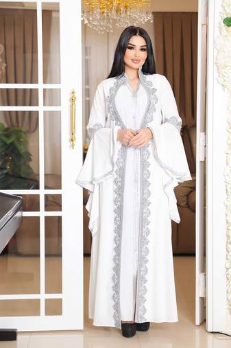  white Wedding Moroccan Dubai Kaftan Arabic Abaya Dress Very Fancy Long Gown 