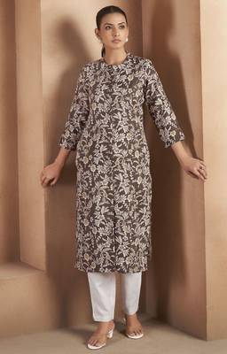 Brown cotton blend floral printed kurta for women 1