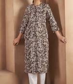 Brown cotton blend floral printed kurta for women