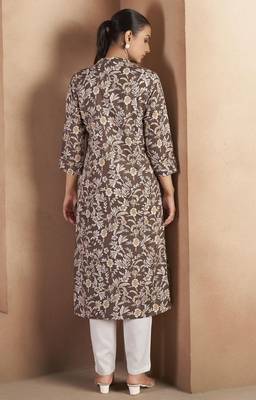 Brown cotton blend floral printed kurta for women 2