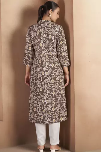 Brown cotton blend floral printed kurta for women