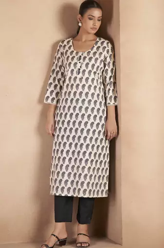 Black pure cotton paisley printed kurta for women