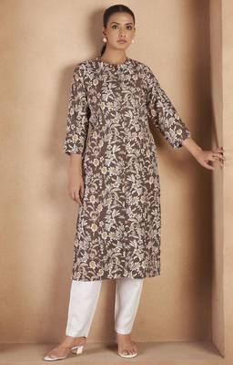 Brown cotton blend floral printed kurta for women 3