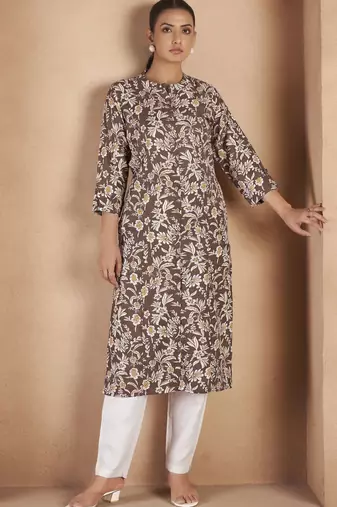 Brown cotton blend floral printed kurta for women