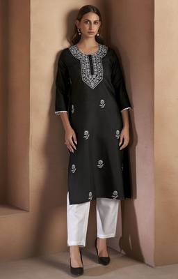 Black cotton blend floral embroidered kurta for women 1