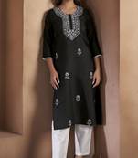 Black cotton blend floral embroidered kurta for women