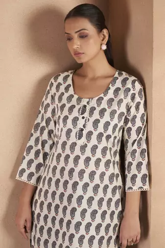 Black pure cotton paisley printed kurta for women