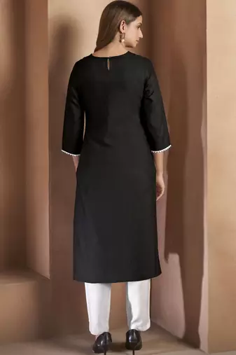 Black cotton blend floral embroidered kurta for women