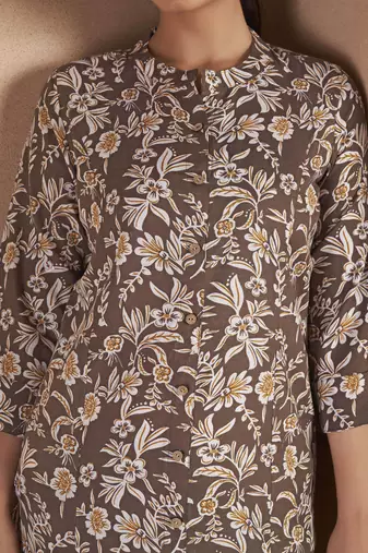 Brown cotton blend floral printed kurta for women