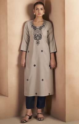 Light brown cotton blend floral embroidered kurta for women 1