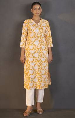 Yellow pure cotton floral printed kurta for women 1