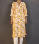 Yellow pure cotton floral printed kurta for women