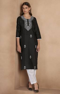 Black cotton blend floral embroidered kurta for women 4