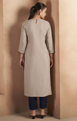 Light brown cotton blend floral embroidered kurta for women 2