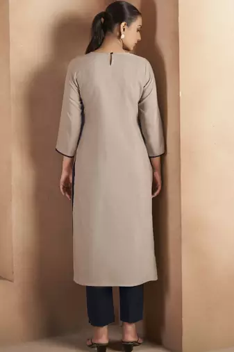 Light brown cotton blend floral embroidered kurta for women