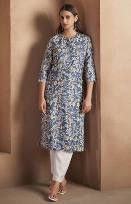 Turquoise cotton blend floral printed kurta for women 1