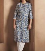 Turquoise cotton blend floral printed kurta for women