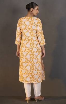Yellow pure cotton floral printed kurta for women 2