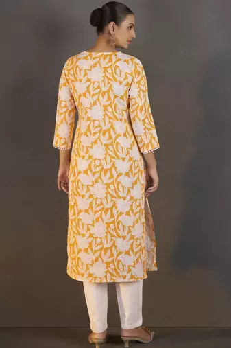 Yellow pure cotton floral printed kurta for women