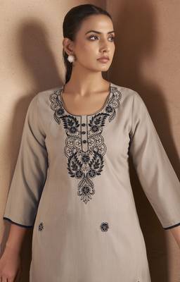 Light brown cotton blend floral embroidered kurta for women 3