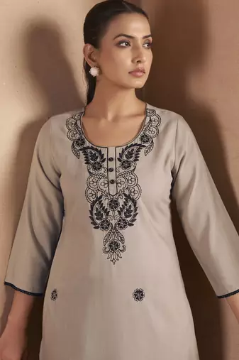 Light brown cotton blend floral embroidered kurta for women