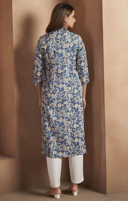 Turquoise cotton blend floral printed kurta for women 2
