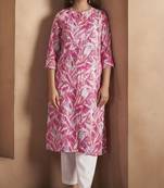 Light pink cotton blend floral printed kurta for women