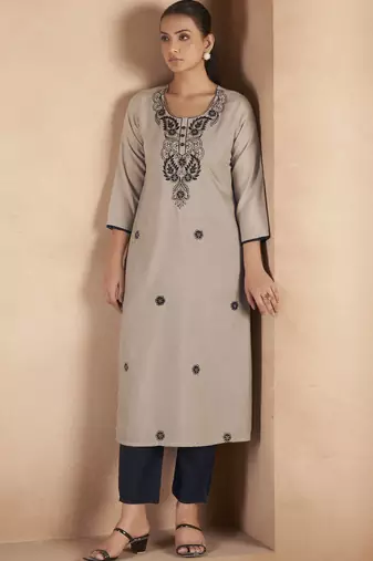 Light brown cotton blend floral embroidered kurta for women