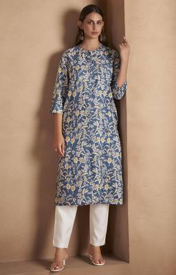 Turquoise cotton blend floral printed kurta for women 3