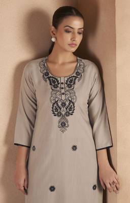 Light brown cotton blend floral embroidered kurta for women 5