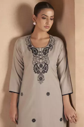 Light brown cotton blend floral embroidered kurta for women
