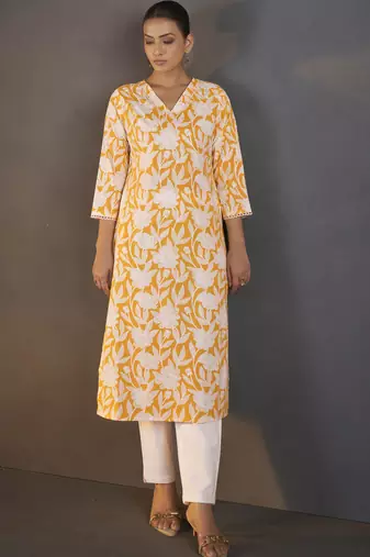 Yellow pure cotton floral printed kurta for women