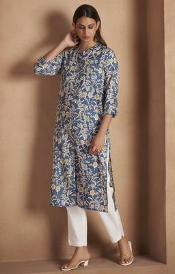 Turquoise cotton blend floral printed kurta for women 4