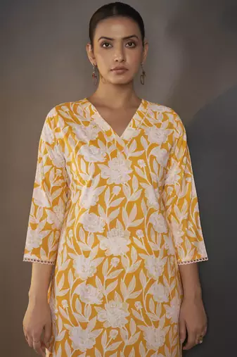 Yellow pure cotton floral printed kurta for women