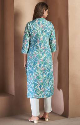 Blue cotton blend floral printed kurta for women 2