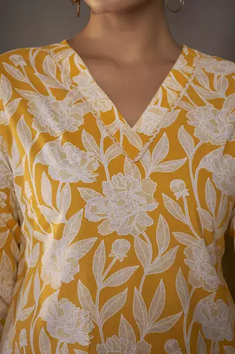 Yellow pure cotton floral printed kurta for women