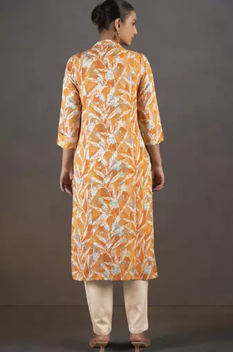 Mustard cotton blend floral printed kurta for women