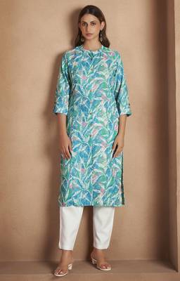 Blue cotton blend floral printed kurta for women 4