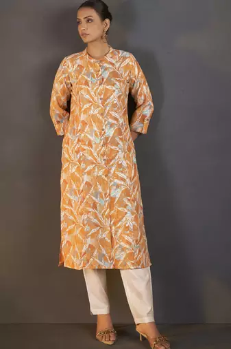 Mustard cotton blend floral printed kurta for women