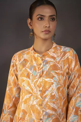 Mustard cotton blend floral printed kurta for women
