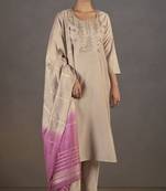 Cream roman silk embroidered kurta set with dupatta for women