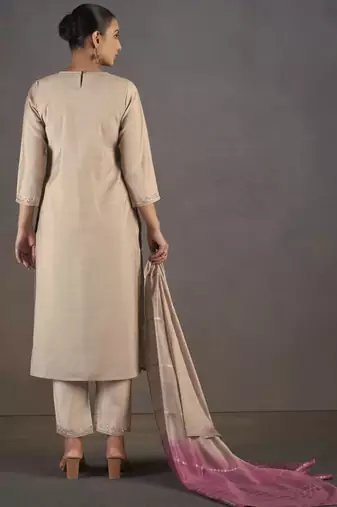 Cream roman silk embroidered kurta set with dupatta for women