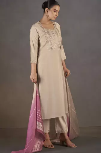 Cream roman silk embroidered kurta set with dupatta for women