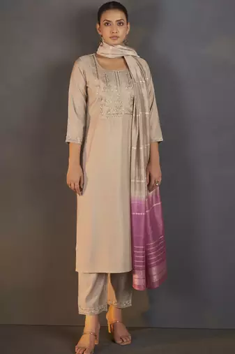 Cream roman silk embroidered kurta set with dupatta for women