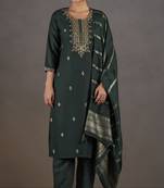 Dark green cotton blend embroidered kurta set with dupatta for women