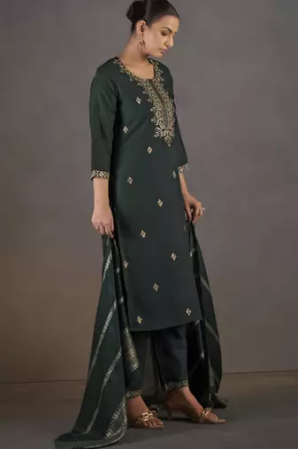 Dark green cotton blend embroidered kurta set with dupatta for women