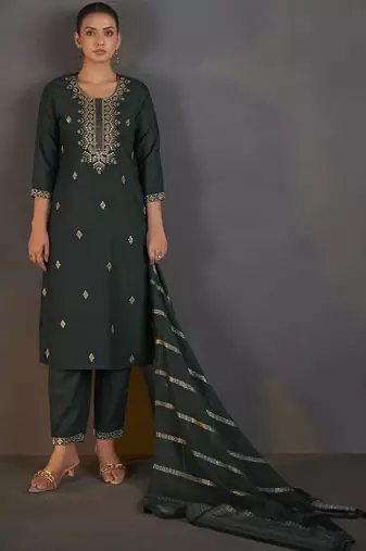 Dark green cotton blend embroidered kurta set with dupatta for women